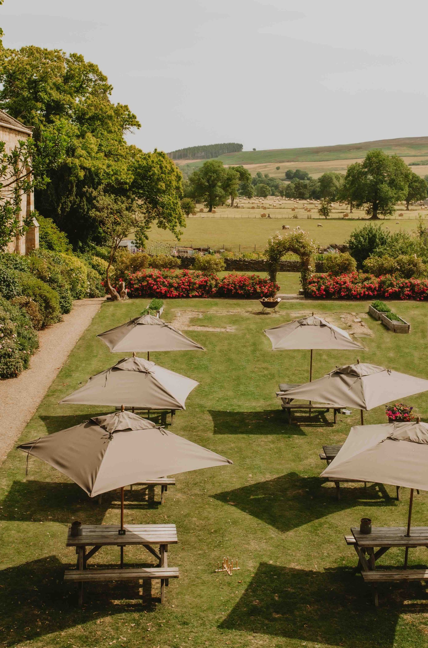 English hotel garden with parasols