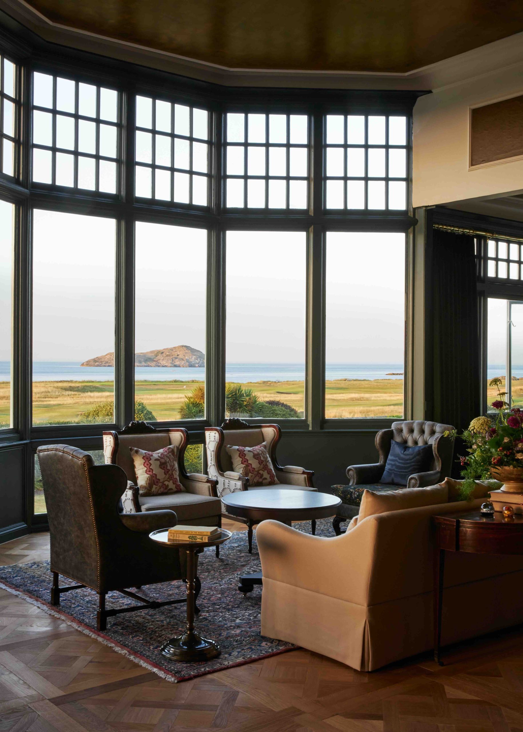 Lobby of Marine North Berwick with coastal view through windows